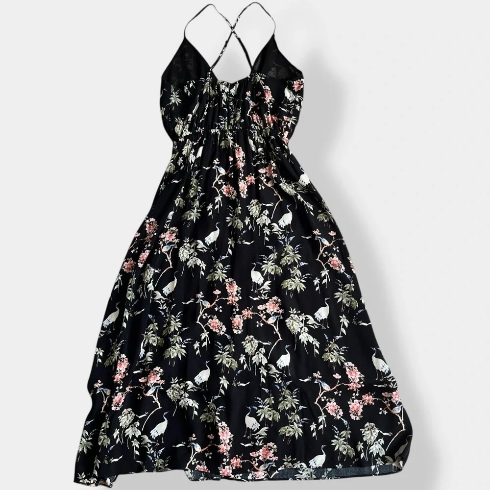 Banana Republic Black Floral Birds Midi Dress Strappy Summer Dress 4 - Picture 5 of 13
